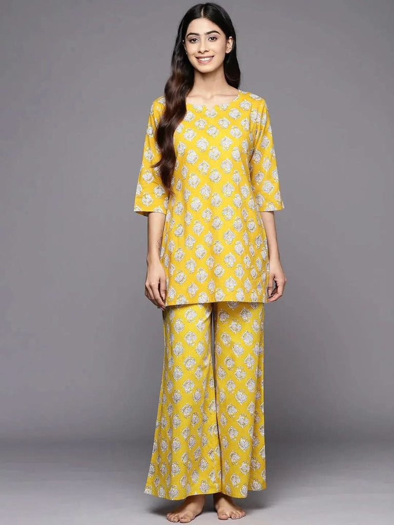 Libas Mustard Printed Cotton Night Suit