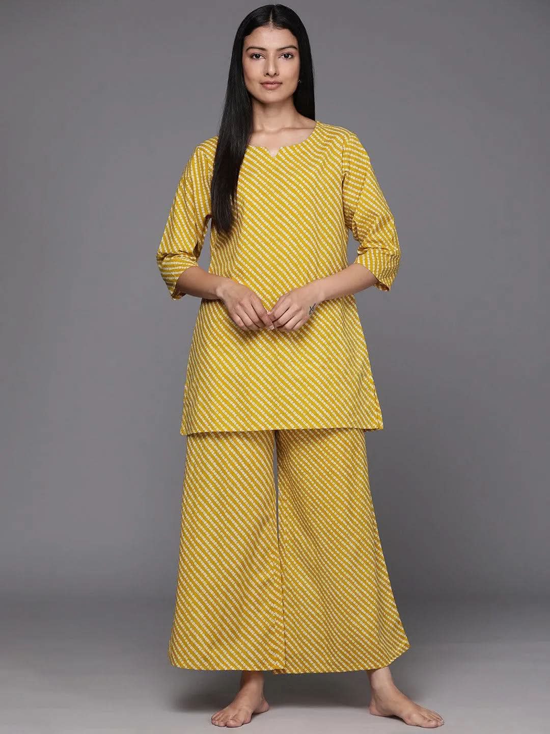 Mustard Printed Cotton Night Suit - Libas 