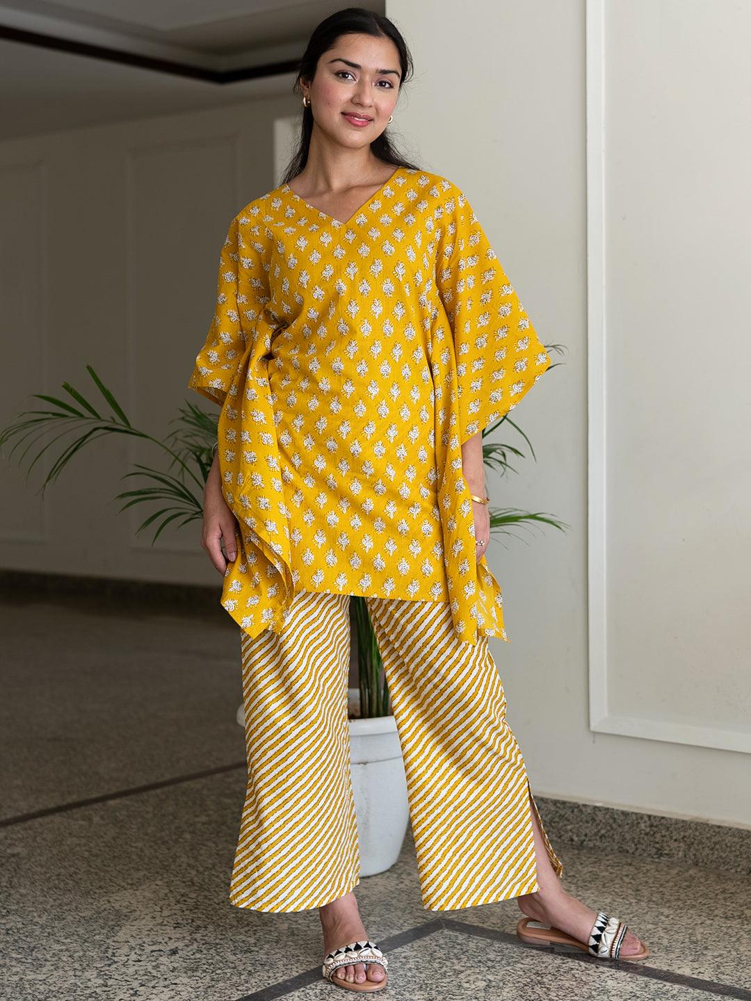 Mustard Printed Cotton Night Suit