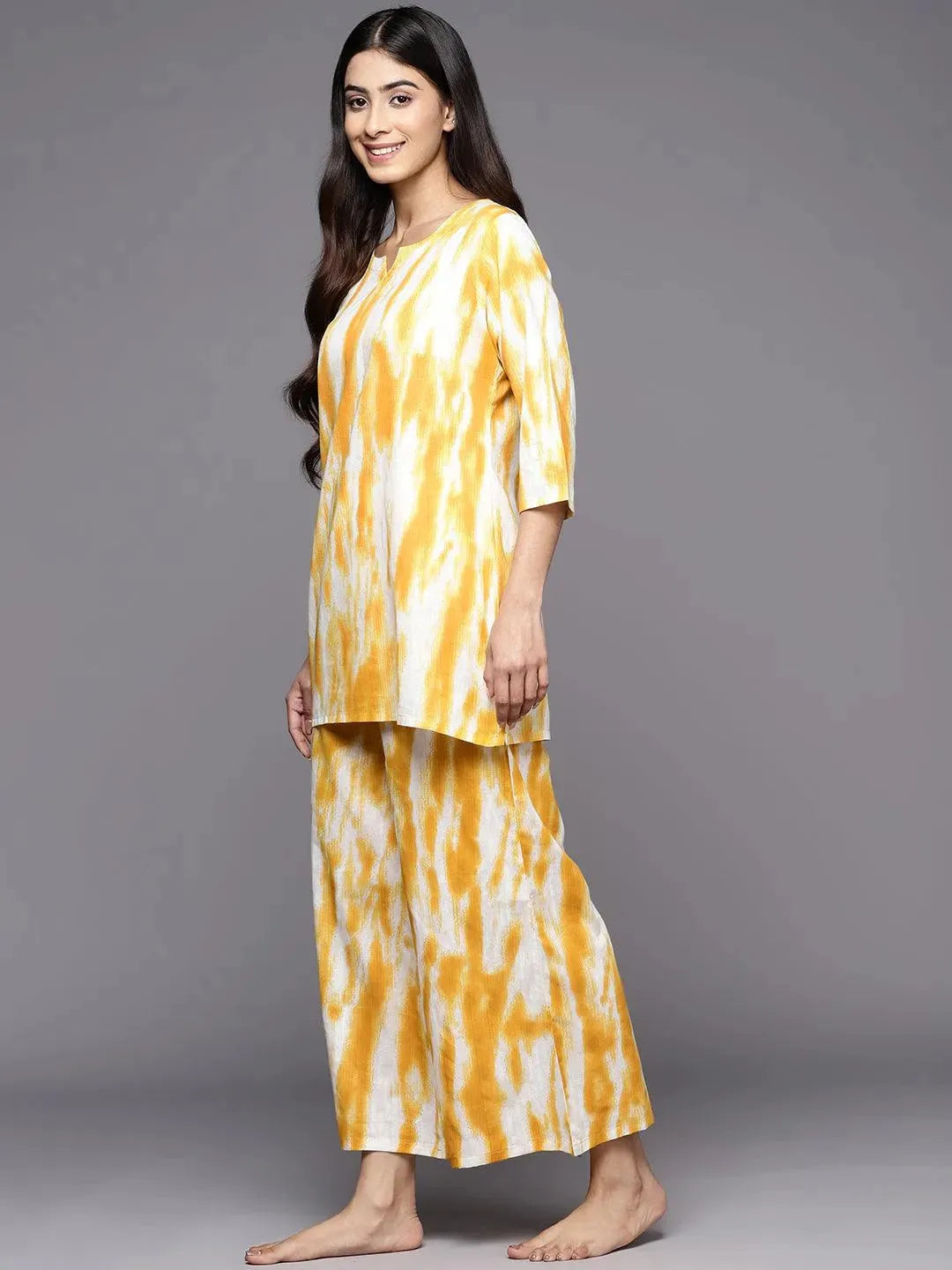 Mustard Printed Cotton Night Suit - Libas