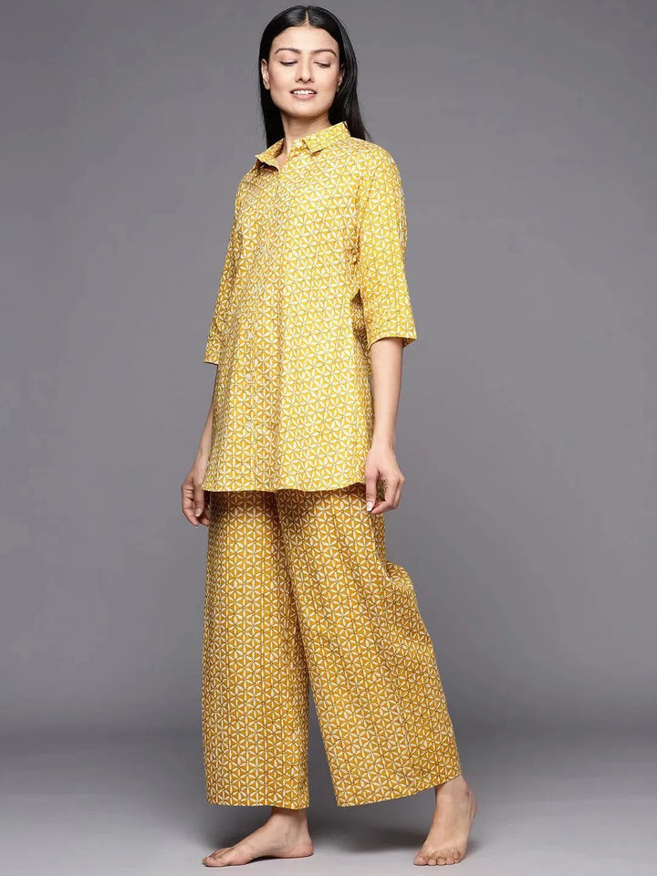 Mustard Printed Cotton Night Suit - Libas