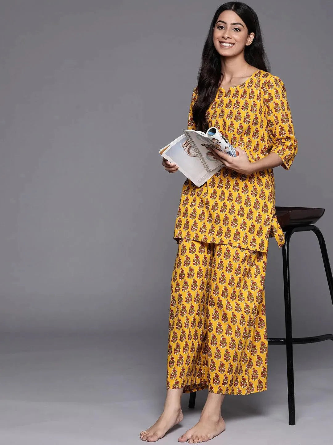 Mustard Printed Cotton Night Suit - Libas