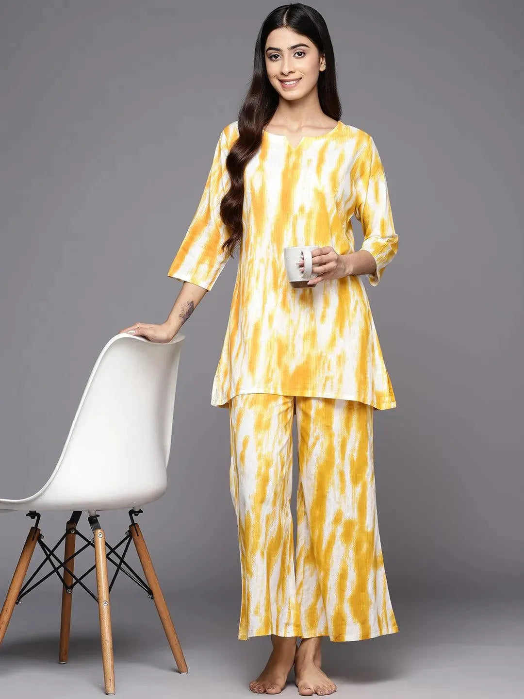 Mustard Printed Cotton Night Suit - Libas