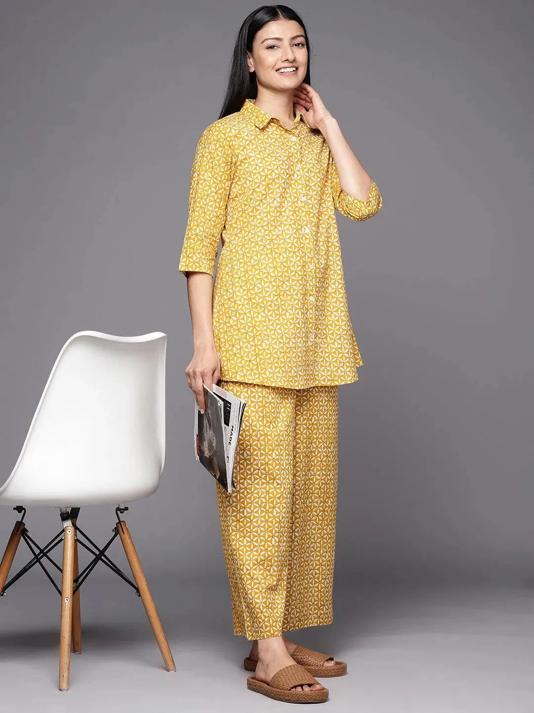 Mustard Printed Cotton Night Suit - Libas 