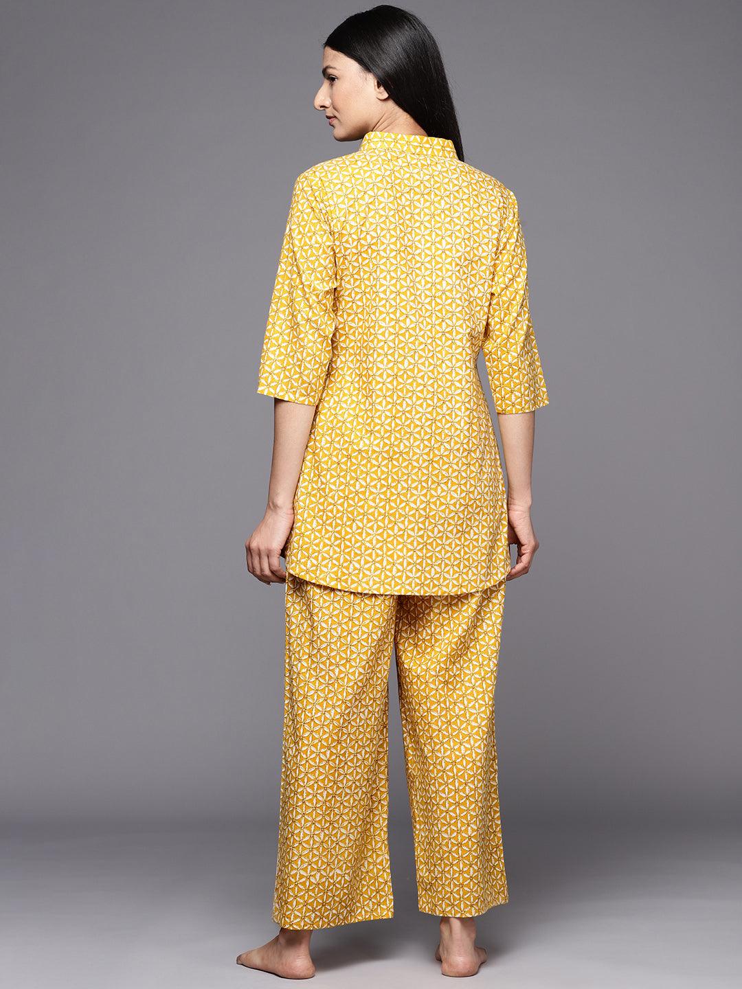 Mustard Printed Cotton Night Suit - Libas