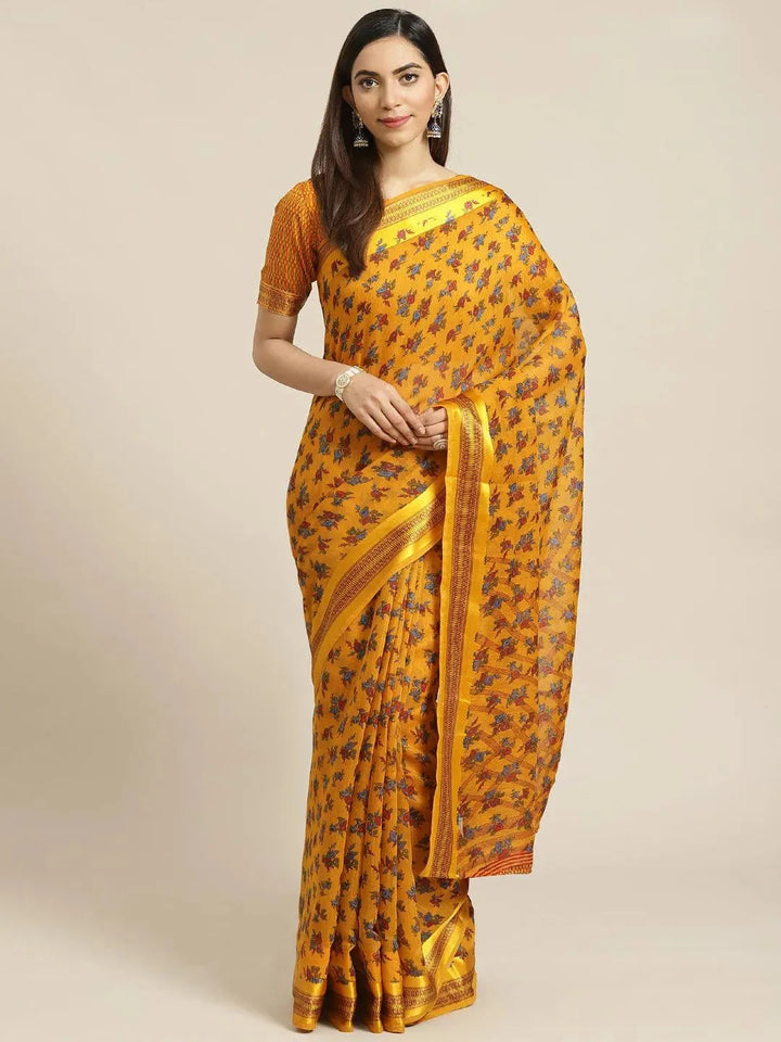 Mustard Printed Cotton Saree - Libas