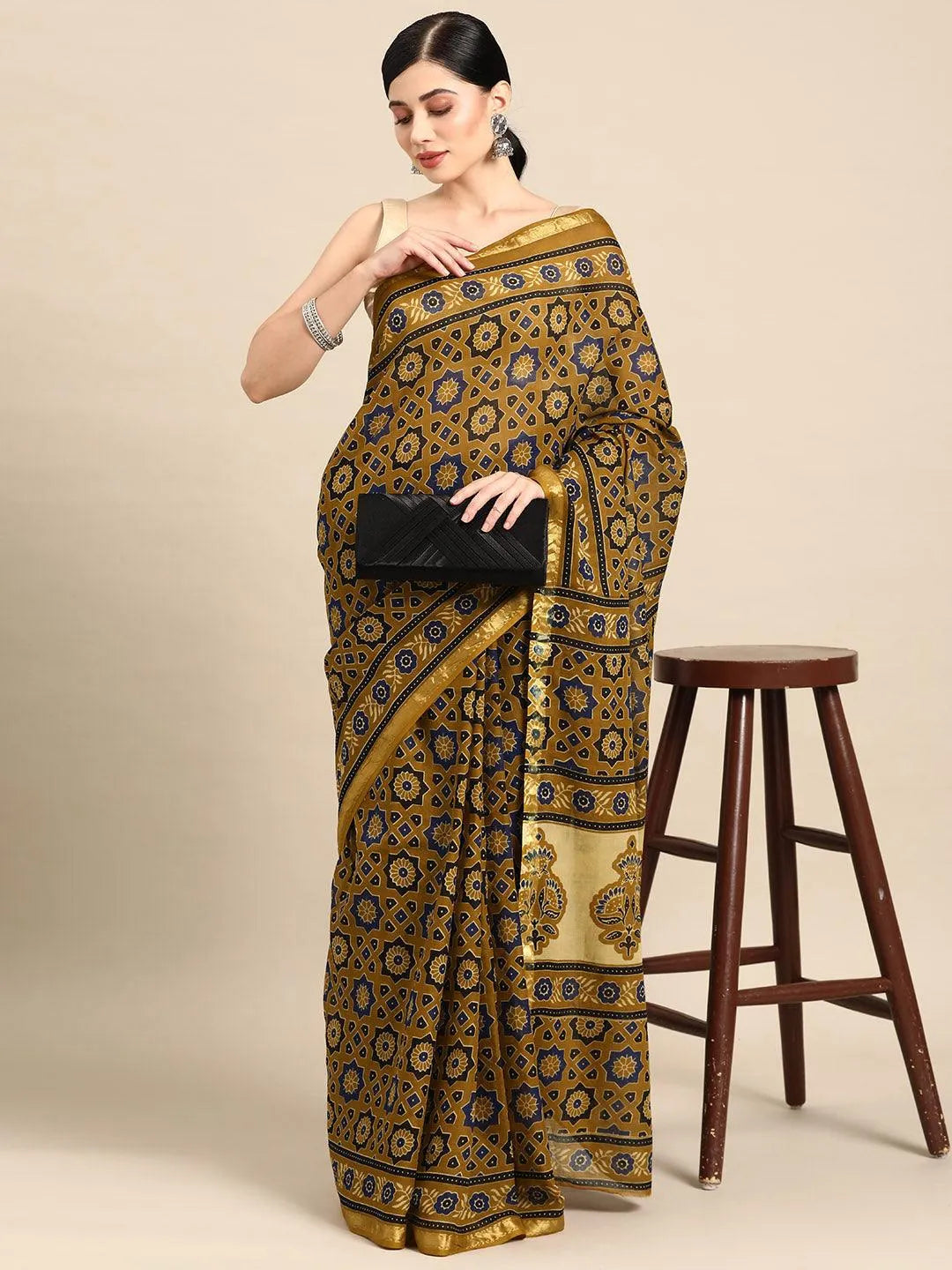 Mustard Printed Cotton Saree - Libas