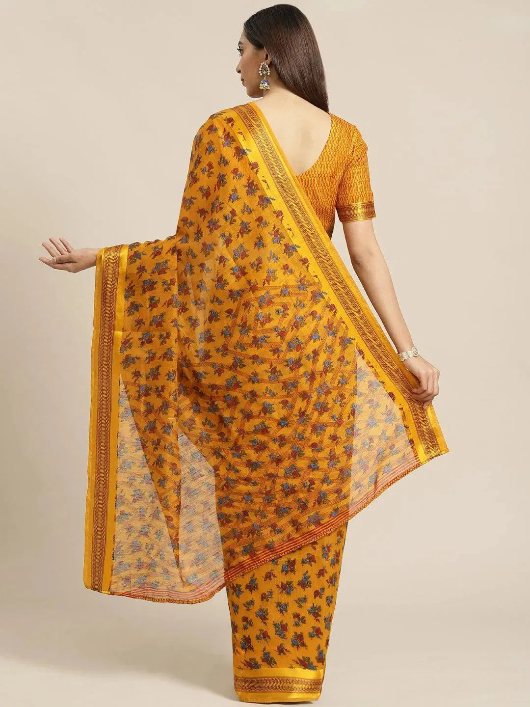 Mustard Printed Cotton Saree - Libas