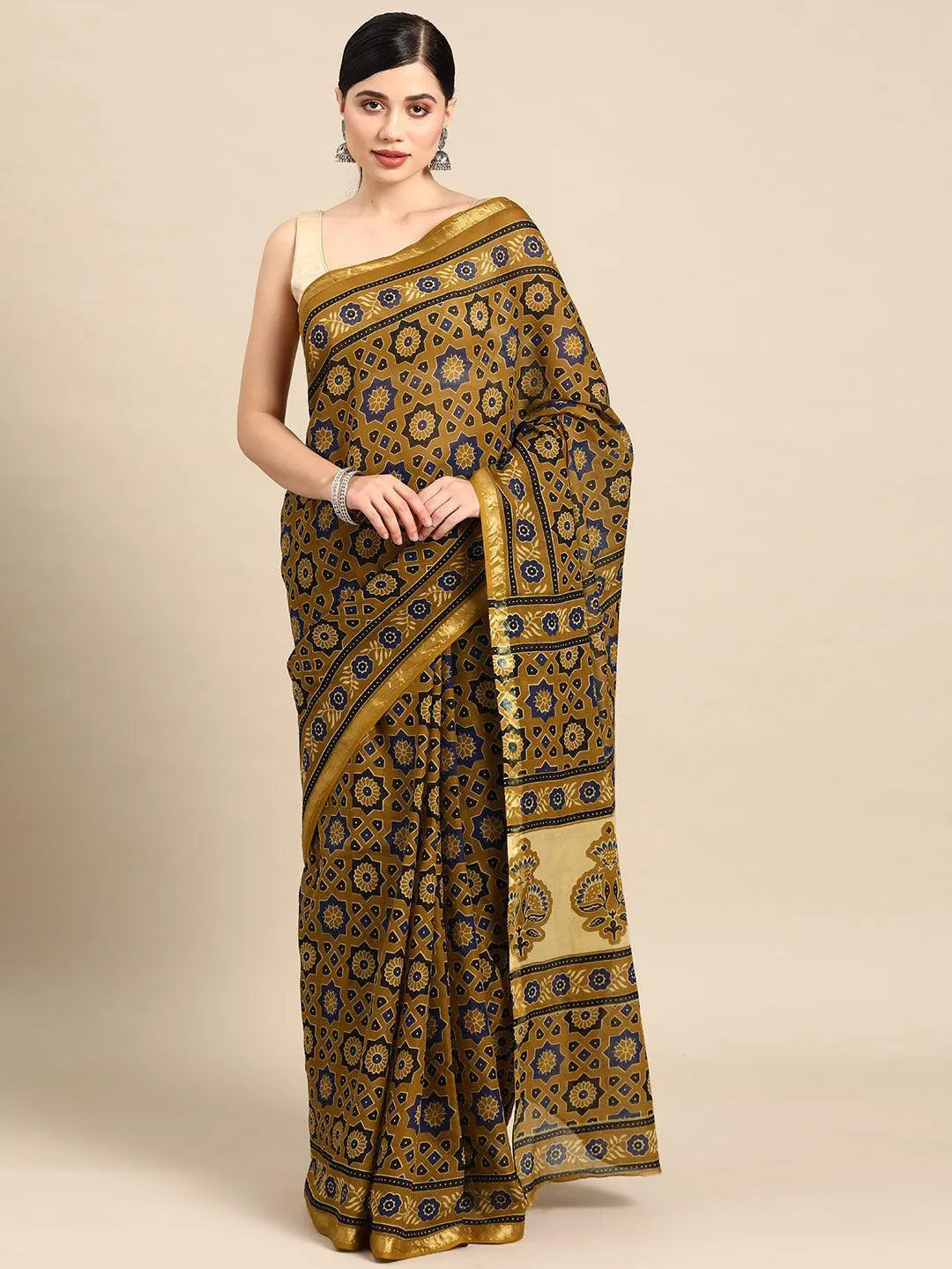 Mustard Printed Cotton Saree - Libas