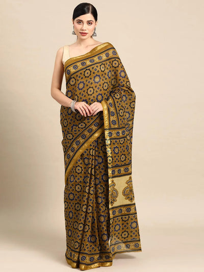 Mustard Printed Cotton Saree - Libas