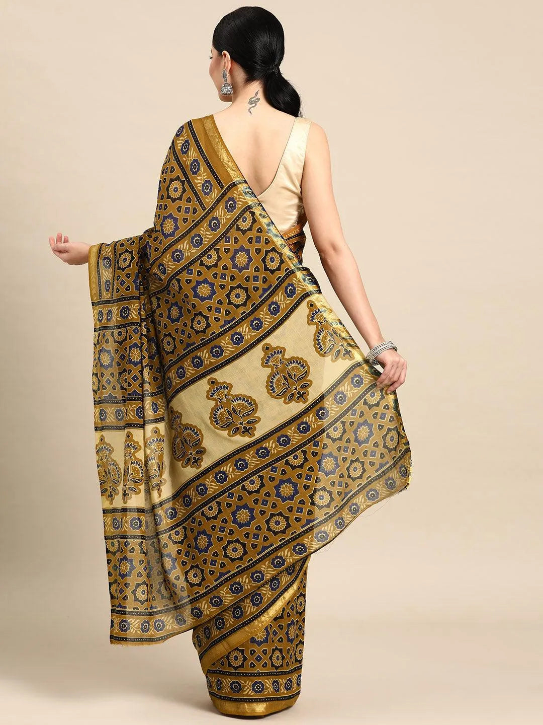 Mustard Printed Cotton Saree - Libas