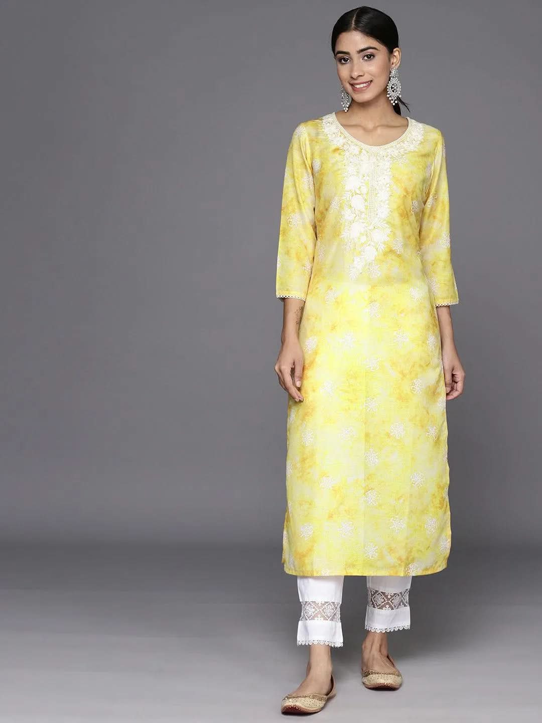 Mustard Printed Cotton Straight Kurta - Libas 