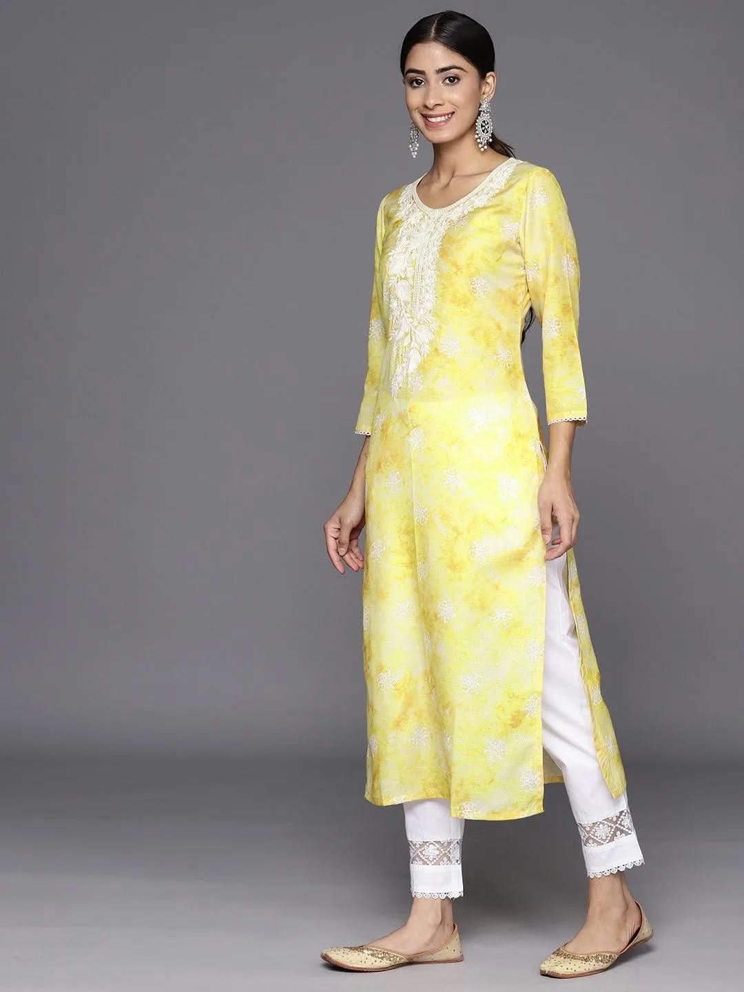 Mustard Printed Cotton Straight Kurta - Libas 