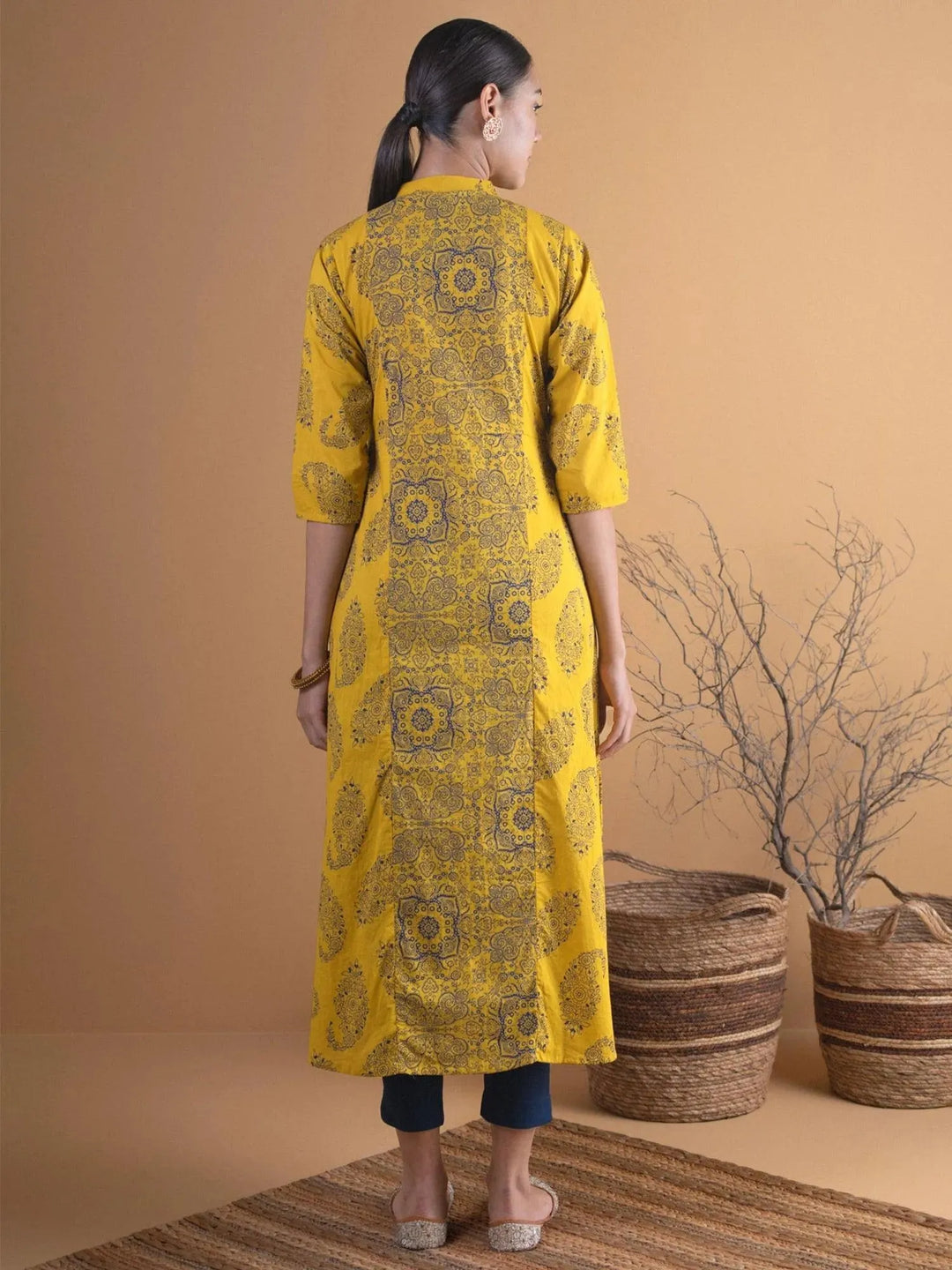 Mustard Printed Cotton Straight Kurta - Libas 
