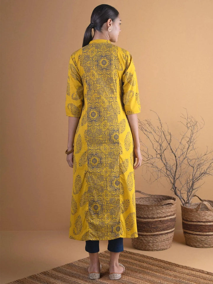 Mustard Printed Cotton Straight Kurta - Libas
