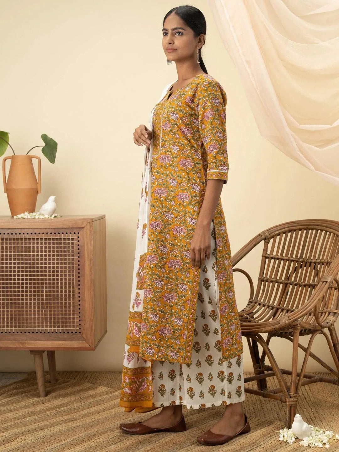 Mustard Printed Cotton Suit Set - Libas