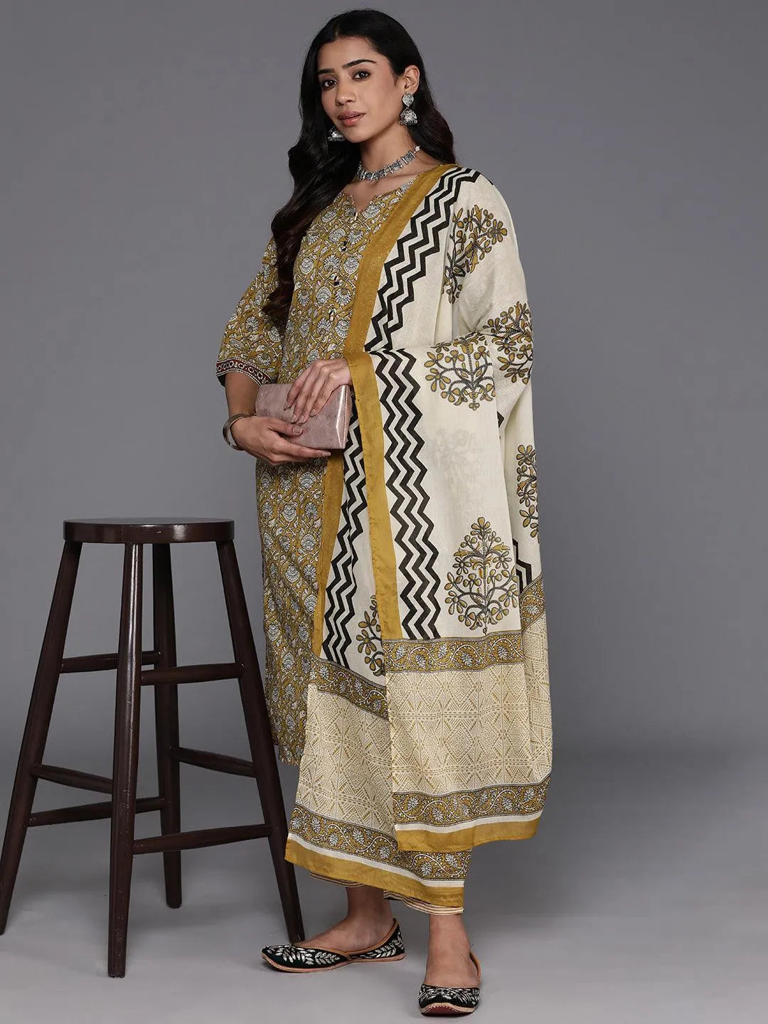 Mustard Printed Cotton Straight Kurta With Palazzos & Dupatta - Libas 