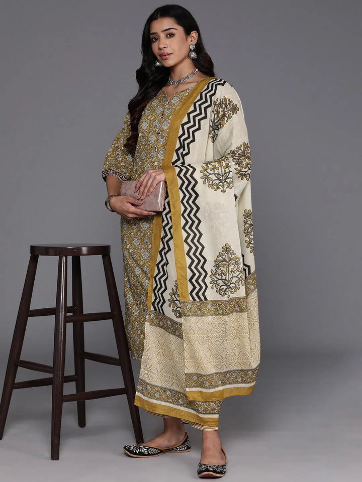 Mustard Printed Cotton Straight Kurta With Palazzos & Dupatta - Libas