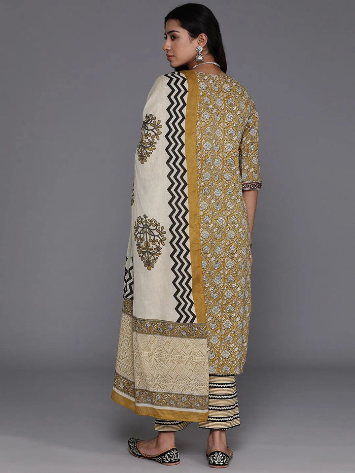 Mustard Printed Cotton Straight Kurta With Palazzos & Dupatta - Libas