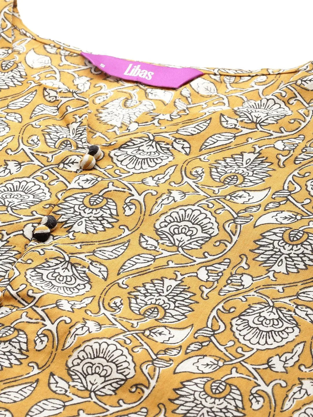 Mustard Printed Cotton Straight Kurta With Palazzos & Dupatta - Libas 
