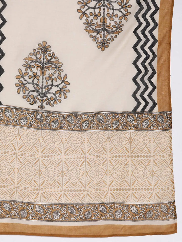 Mustard Printed Cotton Straight Kurta With Palazzos & Dupatta - Libas