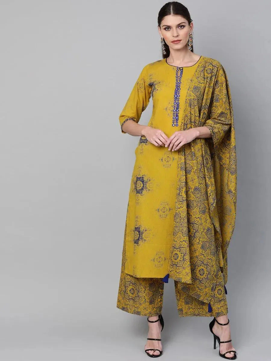 Mustard Printed Cotton Suit Set - Libas