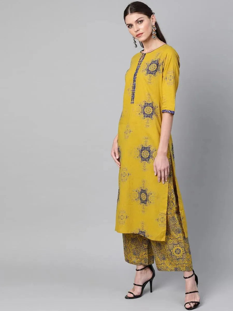 Mustard Printed Cotton Suit Set - Libas