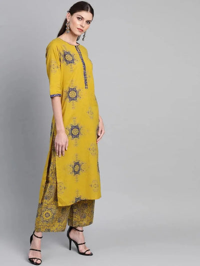 Mustard Printed Cotton Suit Set - Libas