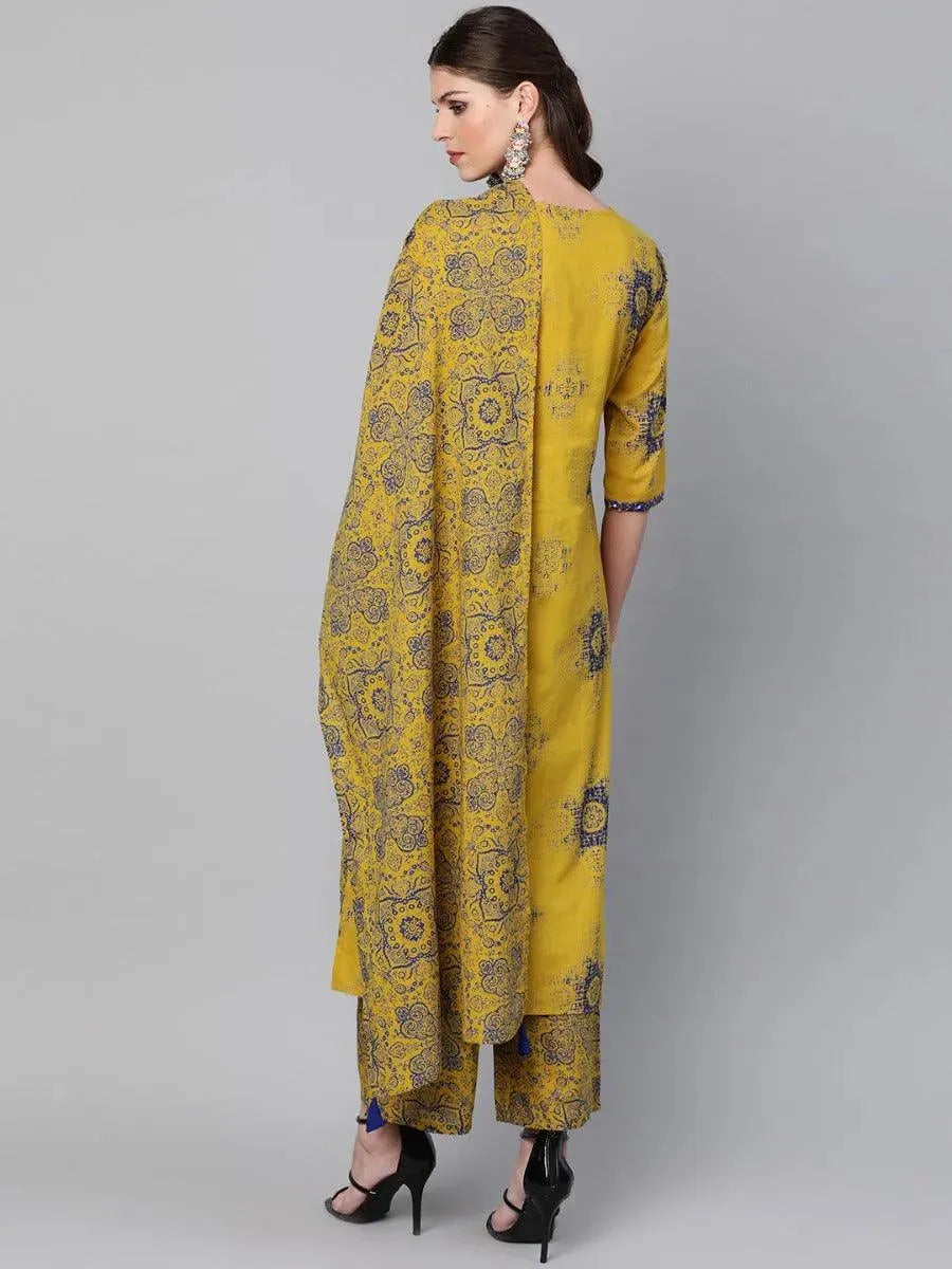 Mustard Printed Cotton Suit Set - Libas 