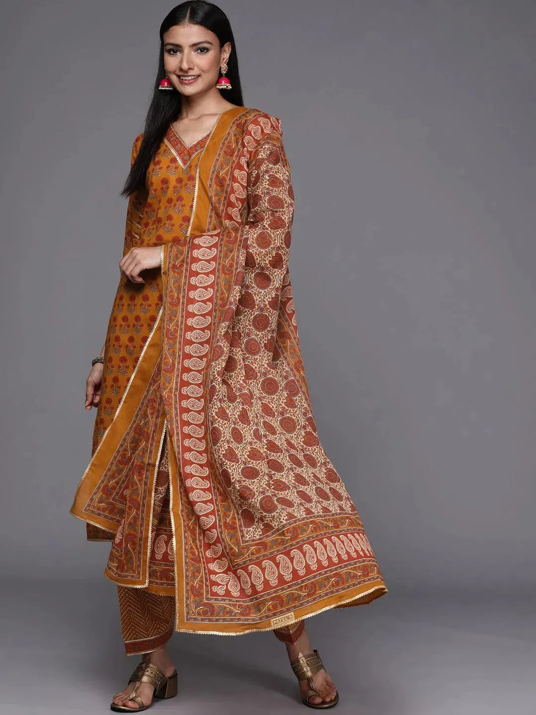 Mustard Printed Cotton Straight Suit Set - Libas