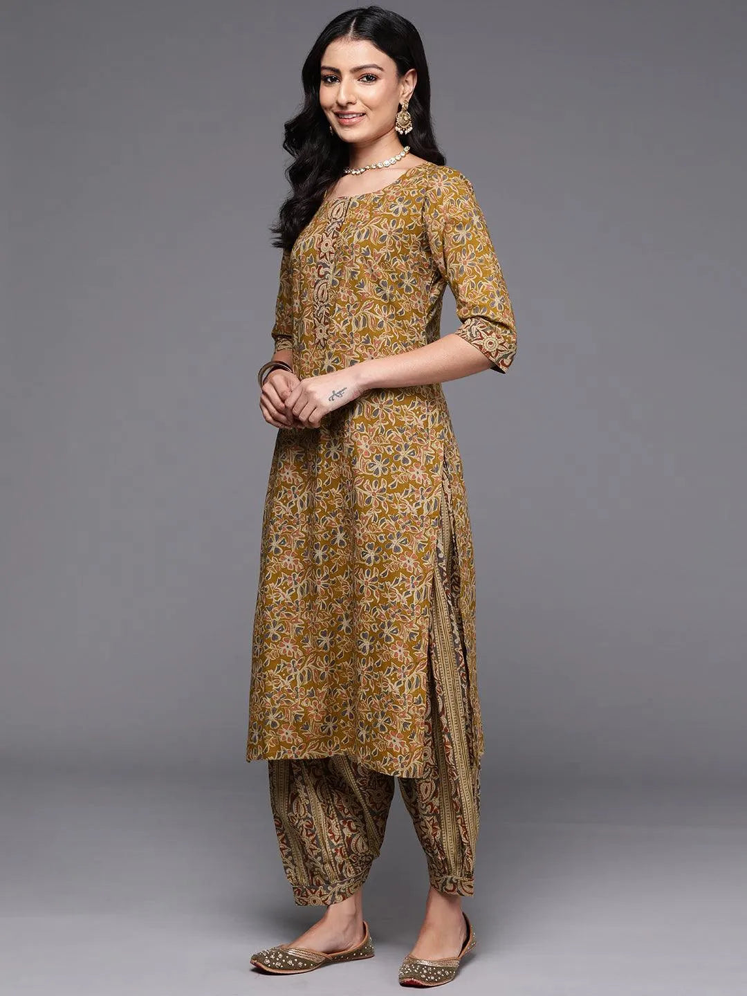 Mustard Printed Cotton Straight Kurta With Salwar & Dupatta - Libas 
