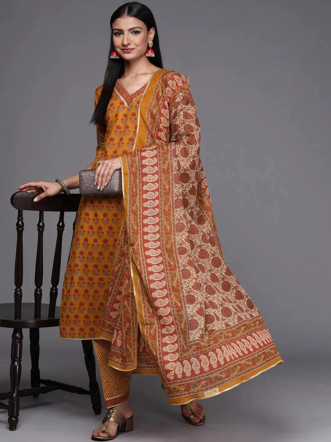 Mustard Printed Cotton Straight Suit Set - Libas