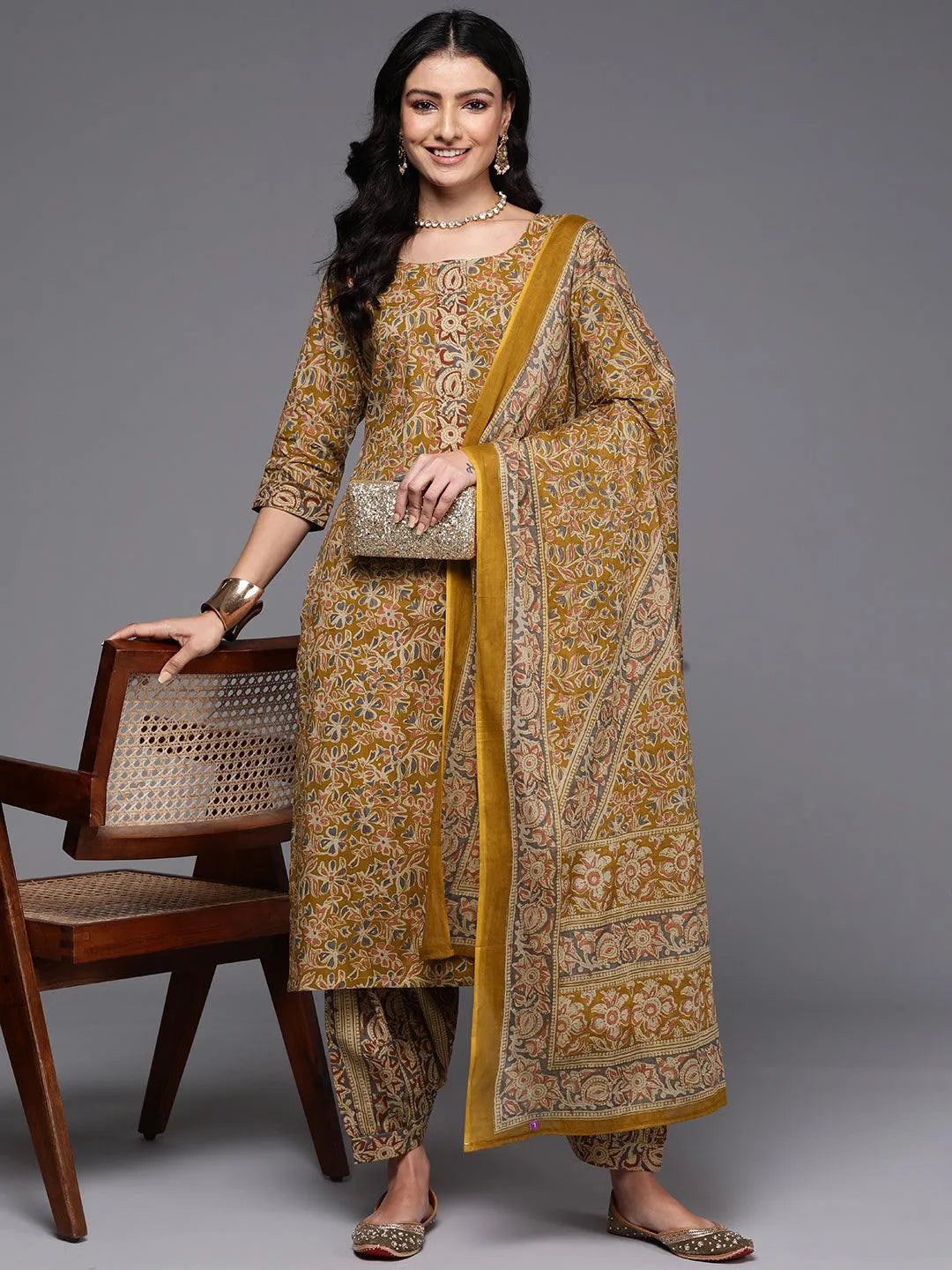 Mustard Printed Cotton Straight Kurta With Salwar & Dupatta - Libas 