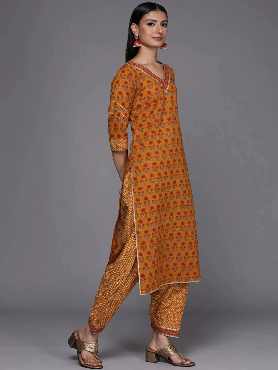 Mustard Printed Cotton Straight Suit Set - Libas