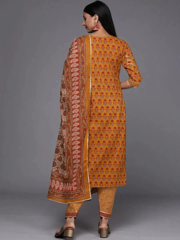 Mustard Printed Cotton Straight Suit Set - Libas