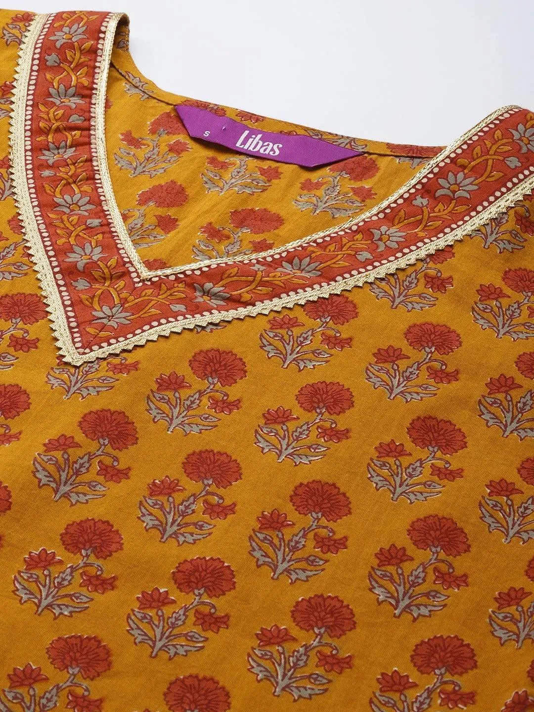 Mustard Printed Cotton Straight Suit Set - Libas