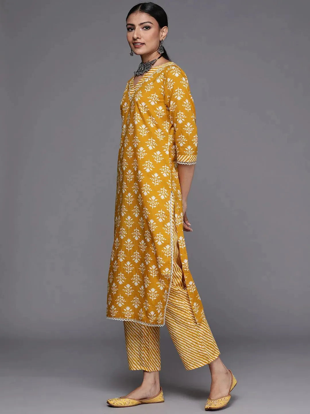 Mustard Printed Cotton Straight Suit Set - Libas 