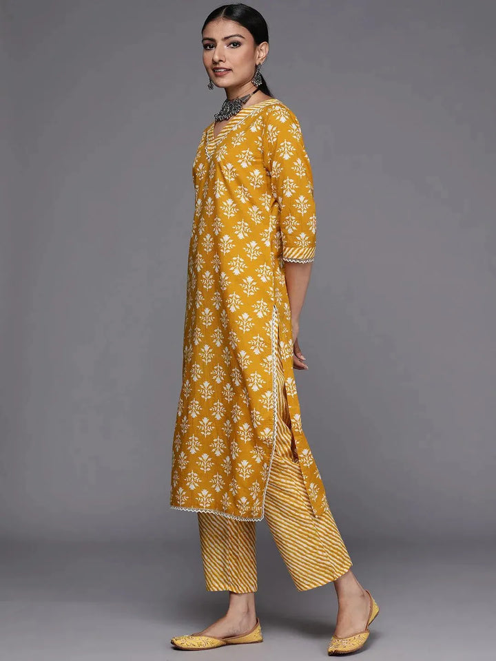 Mustard Printed Cotton Straight Suit Set - Libas
