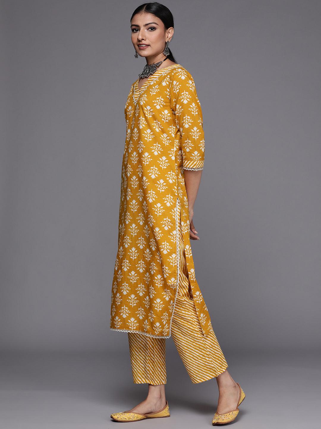 Mustard Printed Cotton Straight Suit Set - Libas