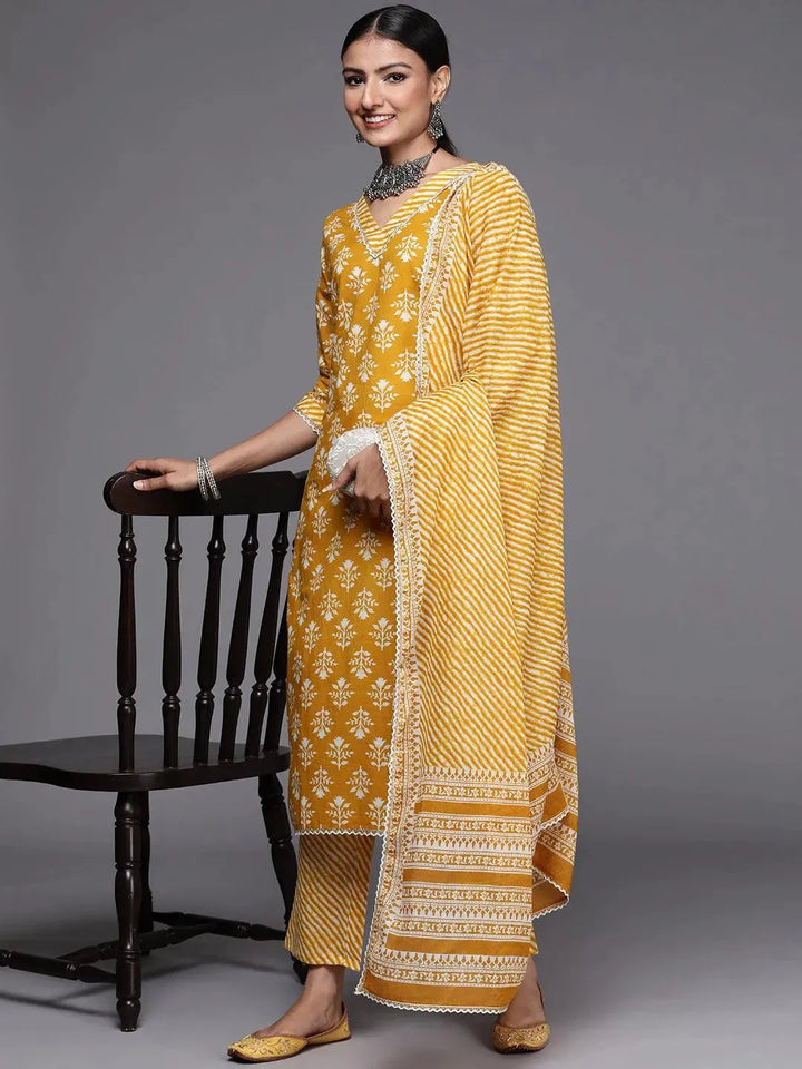 Mustard Printed Cotton Straight Suit Set - Libas
