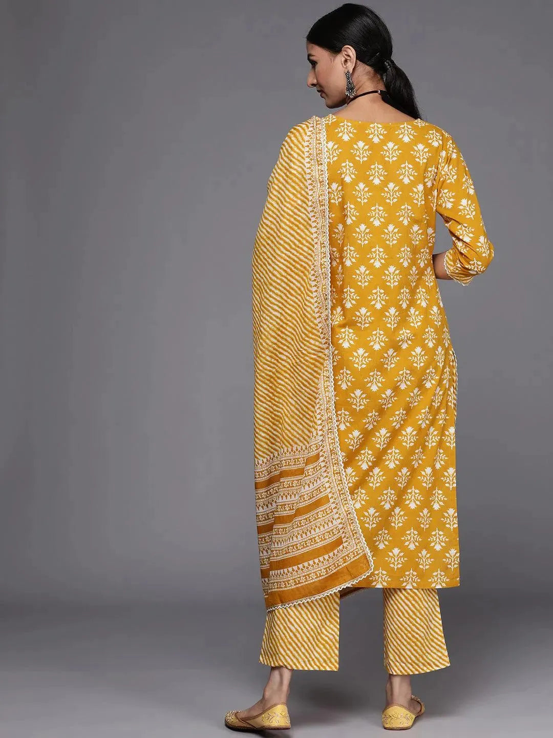 Mustard Printed Cotton Straight Suit Set - Libas 
