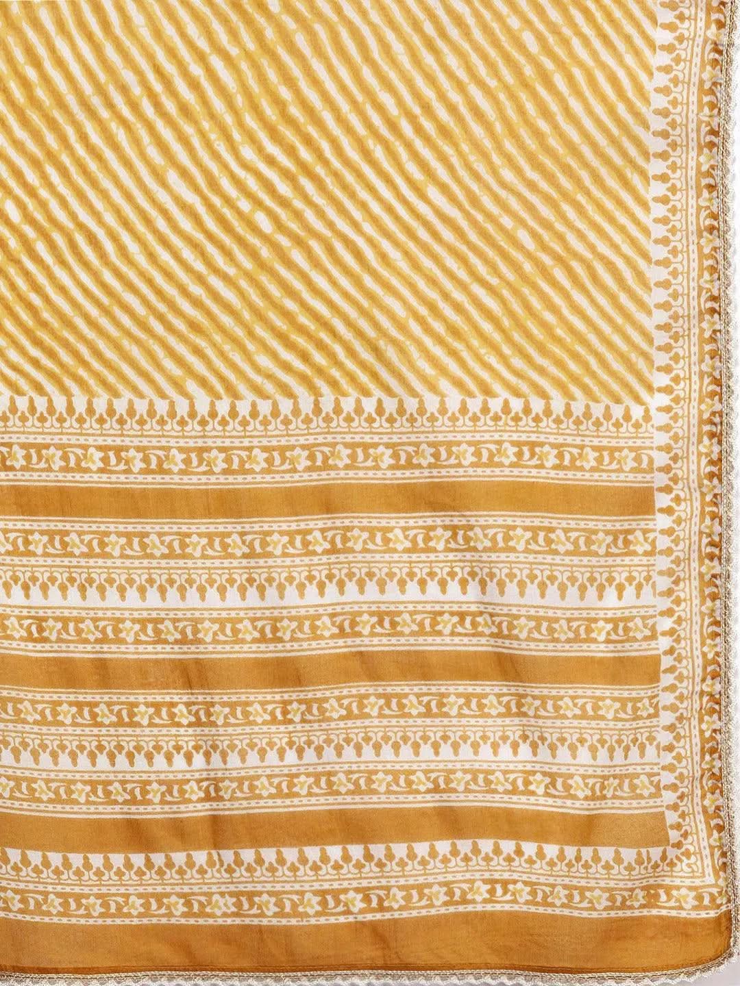 

Mustard Printed Cotton Straight Kurta With Trousers & Dupatta