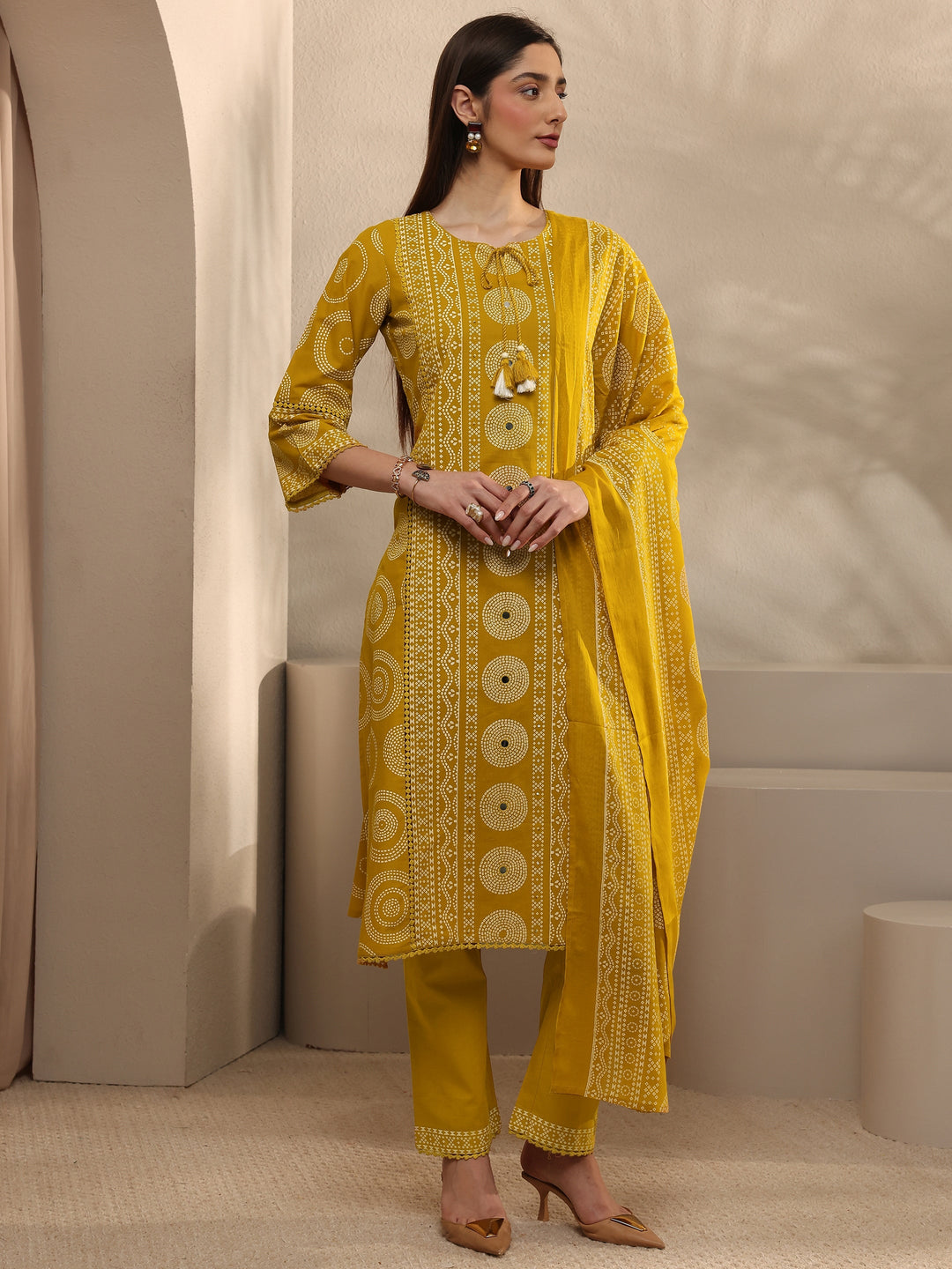 Mustard Printed Cotton Straight Suit Set With Dupatta
