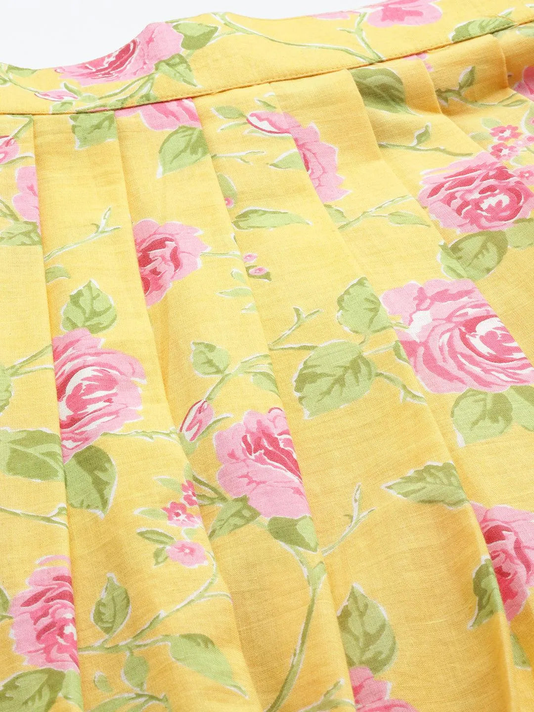 

Mustard Printed Cotton Top With Skirt & Shrug