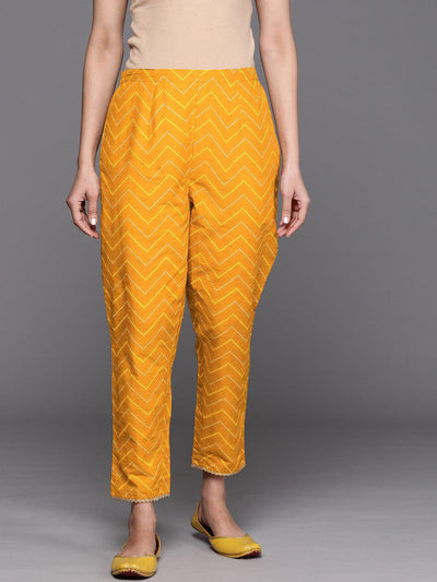 Mustard Printed Cotton Trousers - Libas