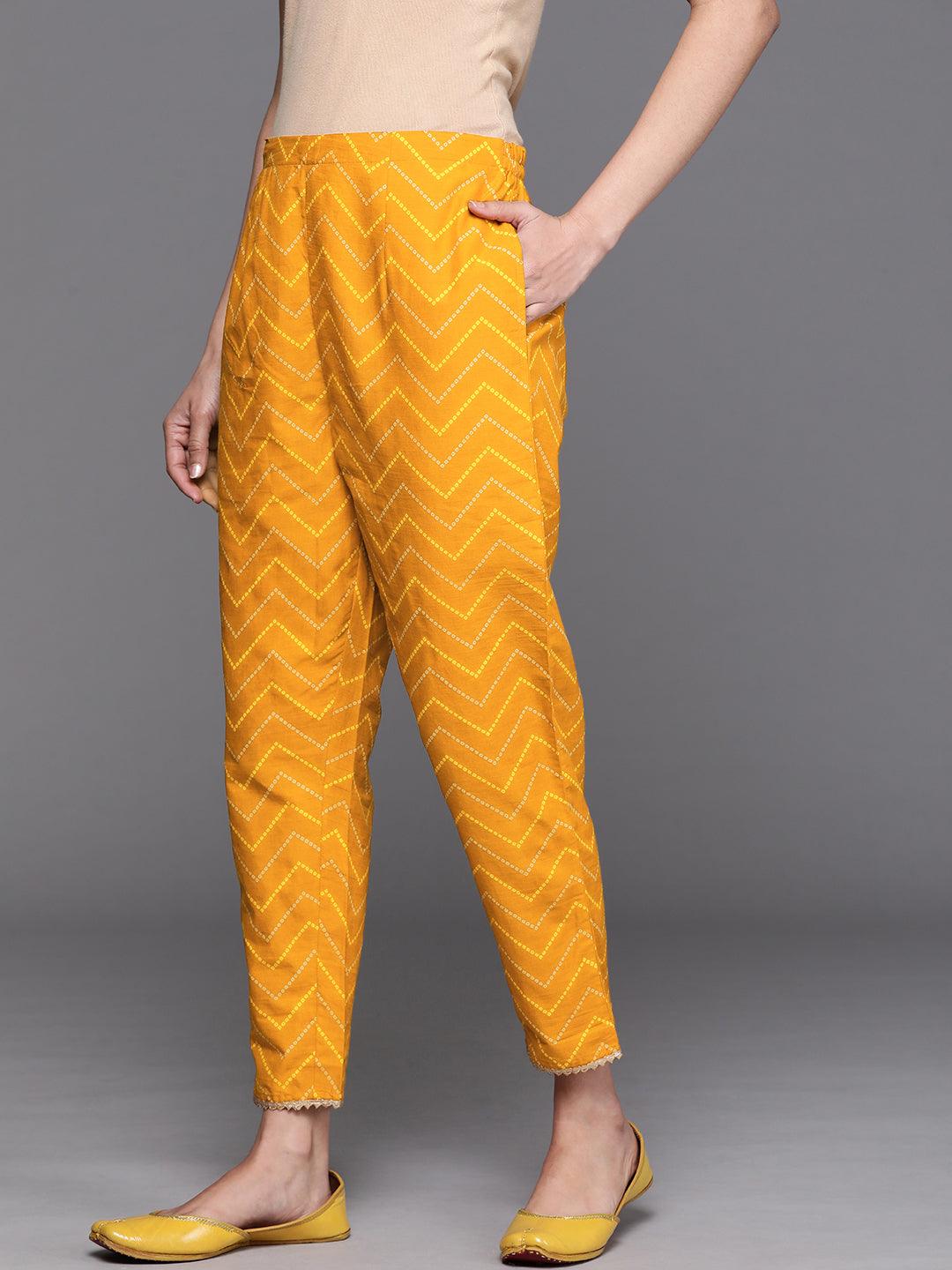 Mustard Printed Cotton Trousers - Libas