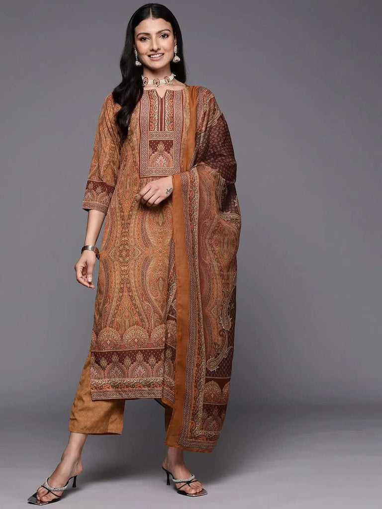 Libas Mustard Printed Crepe Straight Kurta With Trousers & Dupatta