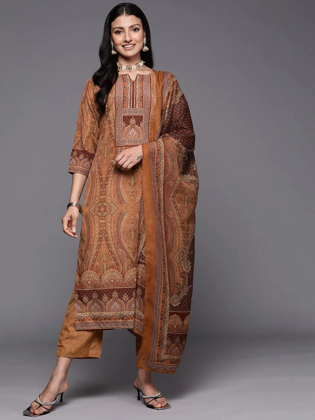 

Mustard Printed Crepe Straight Kurta With Trousers & Dupatta