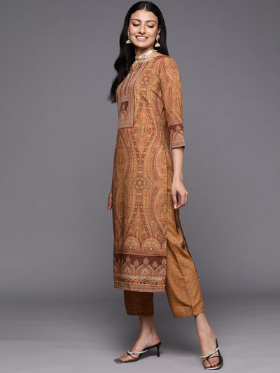 Mustard Printed Crepe Straight Suit Set With Trousers - Libas