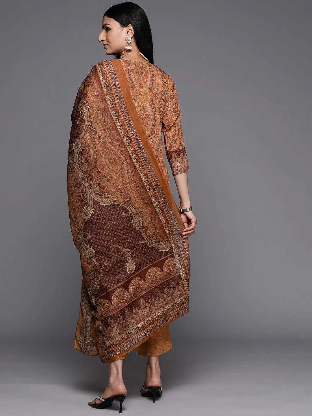 Mustard Printed Crepe Straight Suit Set With Trousers - Libas 